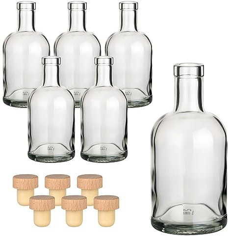 gouveo 6er Set Glasflaschen 500 ml Klassik mit Korken (HGK) - Leere Flasche 0,5 l aus Glas zum Befüllen - Glasflasche für Likör, Schnaps, Gin, Öl, Essig (KFT500HGK)