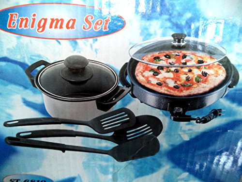 Set de cuisine, wok électrique + casserole + 3 ustensiles de cuisine. Dimensions intérieures Wok : 19 x 3,5 cm. Dimensions casserole : 16 x 8 cm.