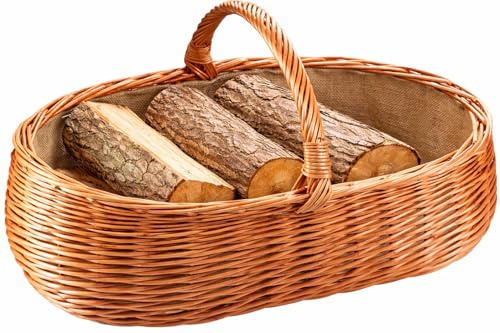 Kobolo Kaminholzkorb Holzkorb für Kaminholz oval - aus gekochte Weide mit Jutefutter
