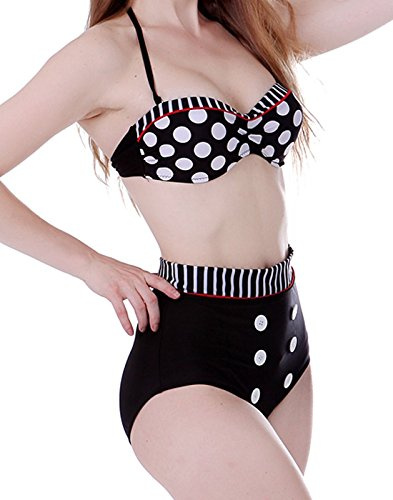 Boolavard kvinnor vintage 50-talet pin up flicka rockabilly hög midja retro bikini baddräkt set, Polka Dot W/röd trim, 32-34