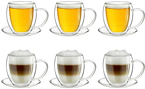 Creano 6 doppelwandige 250 ml Glas-Thermotassen mit Untersetzer, Glas-Teetasse/Kaffeetasse mit Schwebeeffekt, Glastasse mit Henkel und Untersetzer im Geschenkkarton - 6er Set
