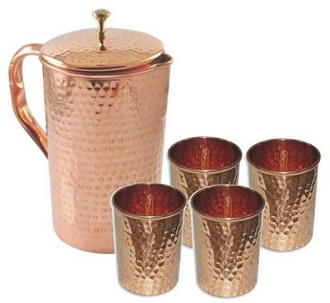 Indian Pure Copper Hammered Krug mit 4 Becherglas Set für Ayurveda-Heilung1.5 L