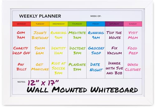 Veckovis whiteboardtavla för vägg [43 cm x 30 cm] Veckovis whiteboardplanerare och magnetisk kalender – veckodagar whiteboard för schema, daglig måltidsplanerare – inkluderar komplett monteringssats
