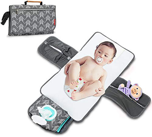 BABEYER Portable Nappy Changing Mat, Baby Travel Changing Mat with Storage Pockets for Toddlers Infants & Newborns, Grey