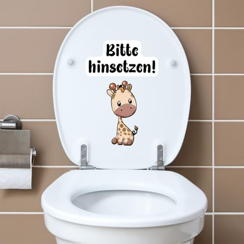 Deko Aufkleber WC Deckel Toilettendeckel Bad Badezimmer Klo Funsticker Toilettensitz Klodeckel lustiger Spruch selbstklebend (R173-02 Bitte hinsetzen – Giraffe)