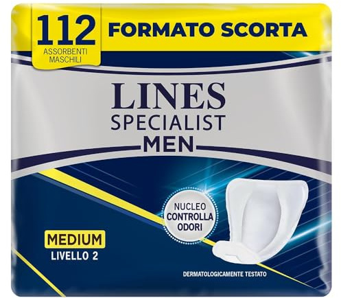 Lines Specialist Assorbenti Maschili Medium Livello 2, Anatomici e con Nucleo Controlla Odori, Protezione e Discrezione, 8 Confezioni da 14 Unità