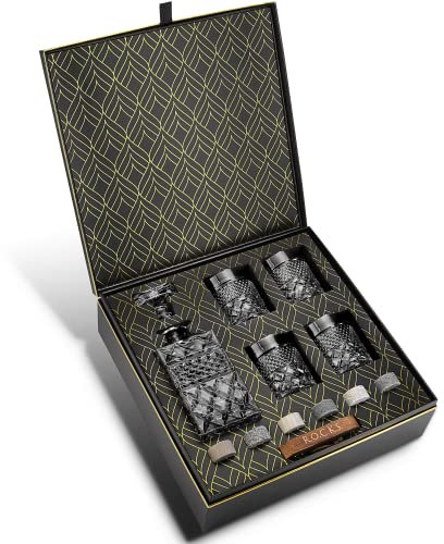 Coffret Cadeau Carafe à Whisky avec 4 Verres de Dégustation et 6 Pierres à Whiskey Artisanales en Granit - Somptueux Decanteur pour Cognac, Bourbon, Rhum - Magnifique Coffret Or à Chaud