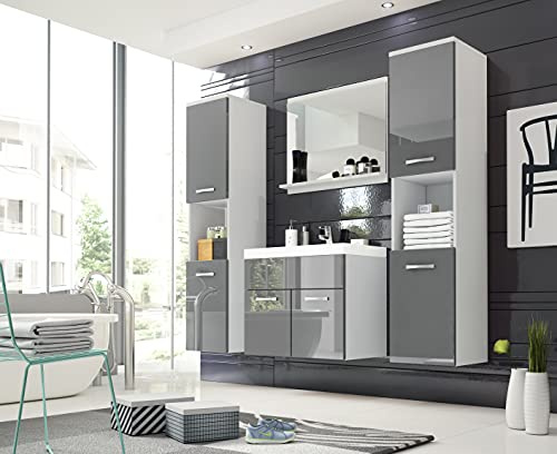 MINIO go for it - 4-Teilig Badmöbel Set Monal, Spiegel mit Regal | Schrank mit Waschbecken Laminierte Spannplatte Weiß Matt und Grau Hochglanz