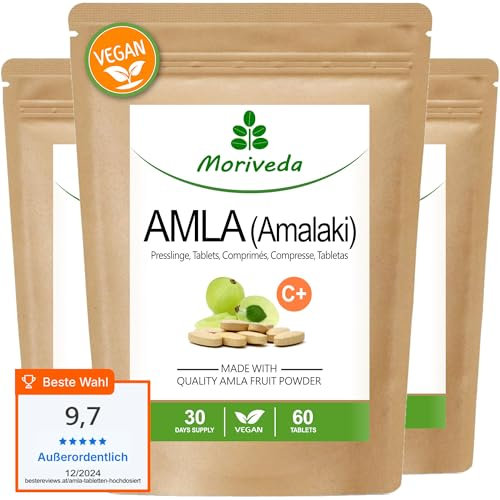 Moriveda Amla Tabletten 1000mg | natürliches Vitamin C & Antioxidans, Chrom | 3 Monate Vorrat I Indische Stachelbeere | Vegan & Laborgeprüft | 60 Stk.