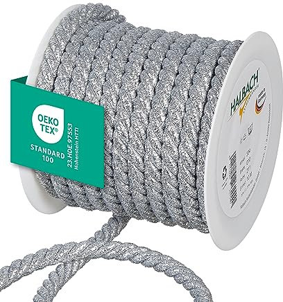 Halbach Seidenbänder Cordoncino di alta qualità, argento, larghezza: 10 mm, lunghezza: 10 m, cordoncino per decorazioni, filo d'argento per artigianato fai da te e confezioni regalo, colore: argento