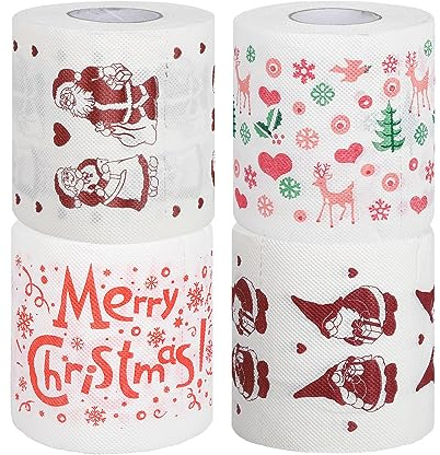 Lot de 4 rouleaux de papier toilette de Noël, motif de Noël, papier toilette amusant, 4 styles Merry Christmas Santa Xmas, serviettes en papier de cuisine, cadeaux de fête de Noël