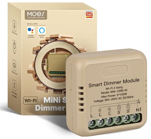 MOES WiFi Modulo Dimmer LED Intelligente, Mini design, Supporto multi-controllo, Compatibile con Alexa e Google Assistant, Supporta solo la rete a 2.4Ghz, Supporta tubi MOS, 2 GANG