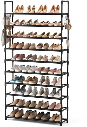 VTRIN 10 Tier Shoe Rack Tall Large Capacity Wide Shoe Organizer with Two Hooks Sturdy Metal Shoe Shelf for Entryway, Closet, Bedroom