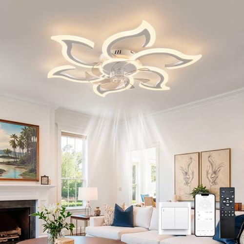 LJX Led Ceiling Fans with Lights Silent Dc 88cm White Ceiling Fan with Lighting Design 6 Speeds Dimmable Timer Memory Function 6800ml Flower Ceiling Fan with Lamp for Bedroom Lounge, White