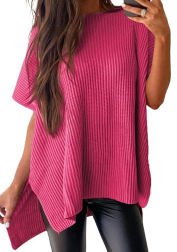 SHEWIN Womens Sweaters Crewneck Short Sleeve Sweater Casual Womens Spring Tops Lightweight Oversized Sweaters for Women Pullover Beach Vacation Clothes Fall Summer Tops for Women Rose Large