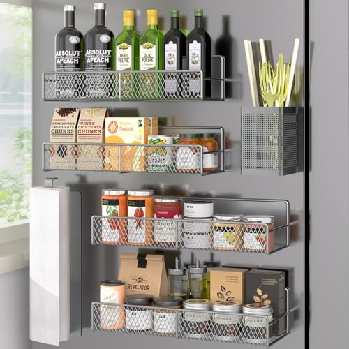 DTUQYX Magnetisches Gewürzregal, Kühlschrank-Organizer, 6 Stück, Metall, grau, magnetisches Regal mit Papierhandtuchhalter, Utensilienhalter, starke Magnete, platzsparend