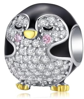 Qings Niedlich Pinguin Charm Anhänger aus 925 Sterlingsilber für Armband | Tierische Elemente Schüchtern Silberperle mit Zirkonia und Emaille als Geschenk für Damen an Bettelarmbändern
