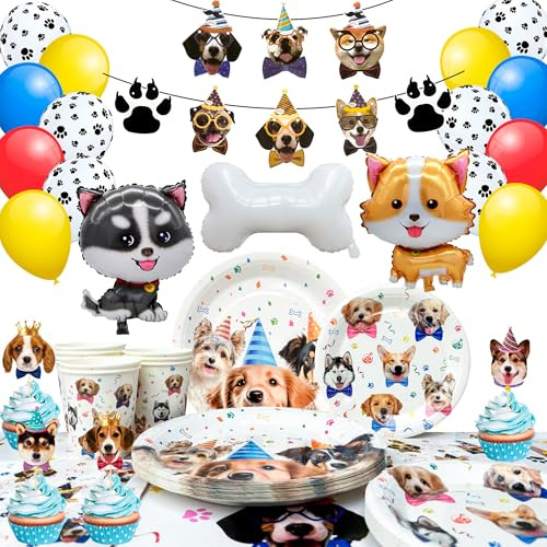 Fournitures de Fête d'anniversaire Thème du Chien Inclure Thème Assiettes,Tasses Serviettes Nappe Ballons Bannière ect Decoration Anniversaire Chien, pour 16 invités