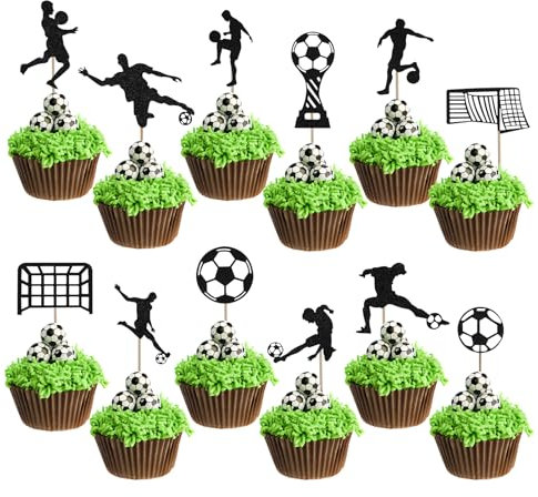 36 adornos para cupcakes de fútbol, decoración para cupcakes con purpurina no comestible, temática de fútbol, decoración para tartas de cumpleaños, deportes, fiestas, baby shower, color negro