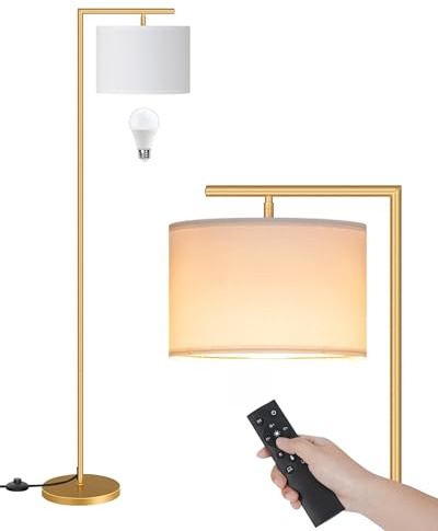 GOEBLESON Gold Dimmable Floor Lamp, Modern Arc Lamp with Remote, Standing Corner Light with Lampshade, Tall Reading Lighting for Bedroom, Living Room, Office, Den, White, LED Bulb Included, DW11LD05