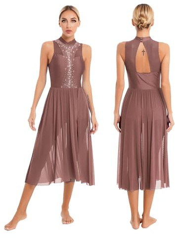Frauen Lyrical Dance Kostüme Gymmatics Modernes, zeitgenössisches Ballett-Tanzkleid, lyrisches Ballett-Tanzkleid, glitzerndes Strass-Kleid, Eiskunstlauf-Kostüm Damen Latein Tanzkleider(Reddish Brown A