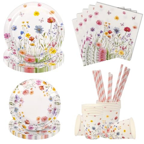 Aitsite Lot de 50 assiettes de fête d'anniversaire pour 10 invités - Motif fleurs fraîches - Vaisselle d'anniversaire fraîche - Décoration de fête d'anniversaire d'enfant - Assiettes, gobelets