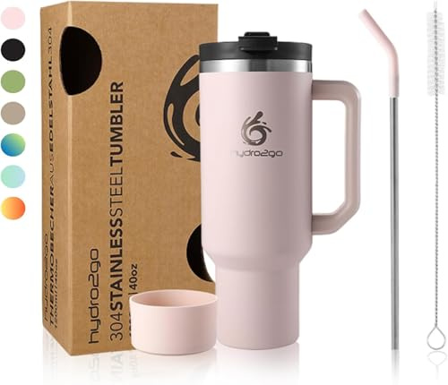 hydro2go 1200ml/40oz Thermobecher, Kaffeebecher to Go, Isolierbecher mit Griff & Strohhalm, Trinkflasche mit Strohhalm, Reise- & Autobecher