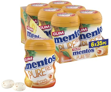 Mentos Pure Fresh Tropical Chewing Gum 35 Pieces – Sugar-Free, Refreshing, Tropical Flavor, Gluten-Free, with Xylitol, 90 g (Pack of 6)