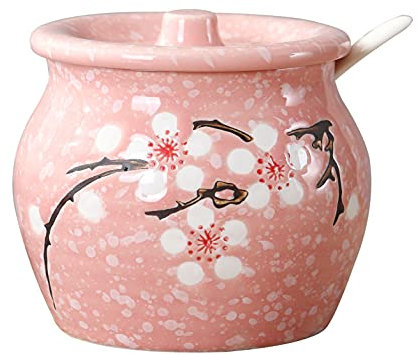 Juego de salero y azucarero de cerámica, olla de condimento estilo floral con tapa y cuchara, caja de especias para el hogar