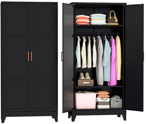 Bonusall 71 Metal Wardrobe,Steel Wardrobe Closet with Hanging Rod & Adjustable Shelves,Metal Storage Cabinet with 2 doors, Decorative Metal Closet with Handles for Bedroom,Home Office Entryway, Black