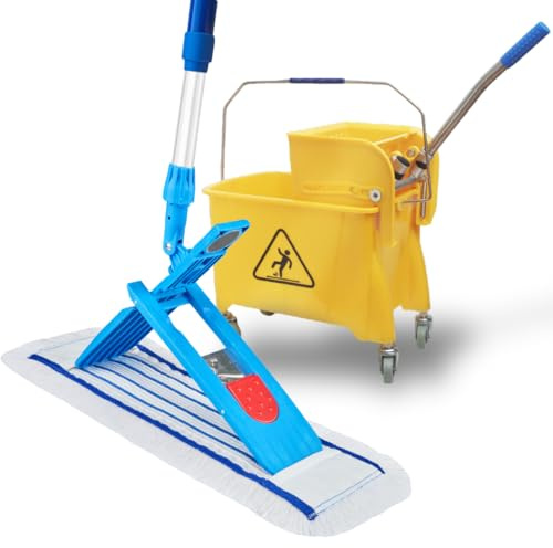 VIOVIE Premium Wischer Hospital Komplett Set 40CM und Reinigungswagen mit Auswringfunktion | Krankenhaus Mopp | 90-160 Teleskopstiel mit Kugelgriff | Magnethalter mit 1 klick System (40cm)