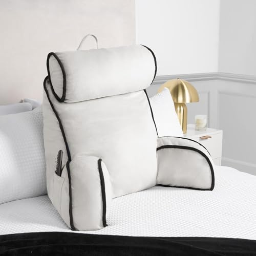 OHS Cuddle Cushion with Head Rest, Detachable Neck Roll Piped Edge Reading Pillow with Arms for Bed Sofa Super Soft Cosy High Back Support Cushion for Sitting Up in Bed, Cream