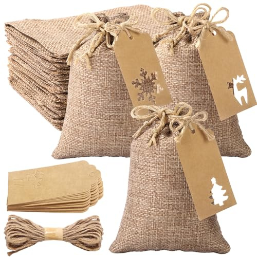 XIMISHOP 24 Stück Weihnacht Jutesäckchen Mit,Jutebeutel Zum Befüllen Anhänger Geschenksäckchen Für Weihnachten Geschenkverpackungen DIY Weihnachtsbaum Deko