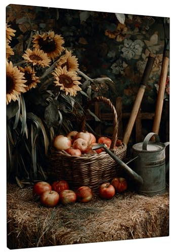 Autumn Harvest Wall Art, Brown Yellow Sunflower and Fruits Basket Poster Prints, Rustic Farmhouse Decor for Living Room, Kitchen, Office, Wrapped Canvas 8x12 Inch