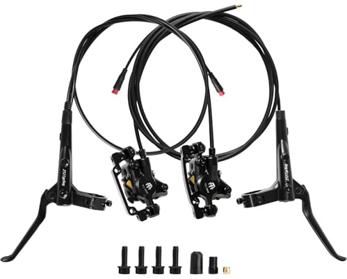 Exceedhub E-Bike Hydraulic Disc Brake Set, 2-PIN 2-Pistons Electric Power-Off Hydraulic Brakes Set, Left Front 950mm Right Rear 1880mm Pre-Bled with Mineral Oil Brakes Kit for eBike, MTB, Scooters