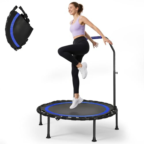 Fitness-Trampolin, Faltbares Trampolin mit 5-Fach höhenverstellbarem Haltegriff, Geräuscharm, Max. 150 kg, Gartentrampolin, Indoor/Outdoor