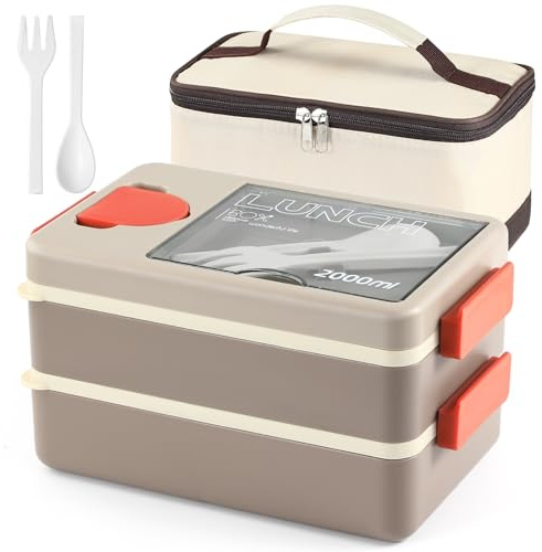 Bento Lunch Box, 2 Etages Boite Repas avec 4 Compartiments, 2000ml de Grande Capacité, Hermétique Boîte à Lunch avec Couverts, Récipient de Sauce et Sac Lsotherme, Micro-onde et Lave-vaisselle