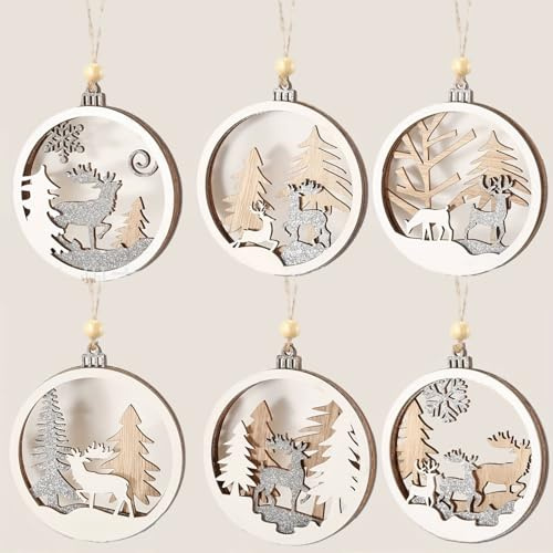 HERZONE 12pcs Glitzer Holzanhänger Weihnachten Weihnachtsbaum Rentier Holz Anhänger Weihnachten Weihnachtsanhang Holz für Weihnachtsbaum DIY Anhänger Dekoration (Silber weiß C)