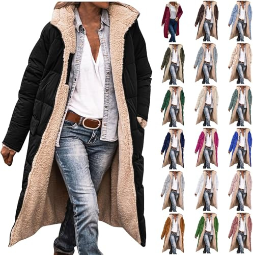 Waterproof Winter Coat Women Long Winter Coats for Women Uk Waterproof Fleece Faux Fur Lined Quilted Ladies Parka Puffer Jackets Hood Warm Plus Size Hooded Trench Coat Clothes Black M