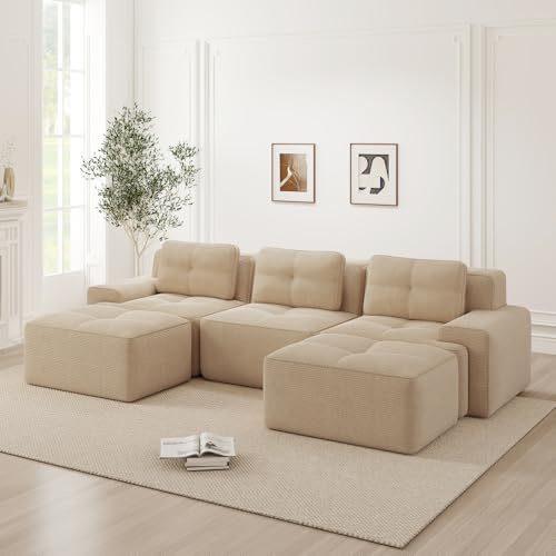 Divano modulare angolare a U,divano componibile Boneless 3 posti con 2 poggiapiedi,divano a compressione senza montaggio,divano con seduta profonda,divani Componibili 5 posti,velluto a coste,Beige