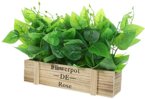 PRETYZOOM Artificial Golden Pothos Plant 30cm Fake Bonsai Rustic Wood Fence Pot Spring Table Centerpiece Decorative Indoor Home Décor