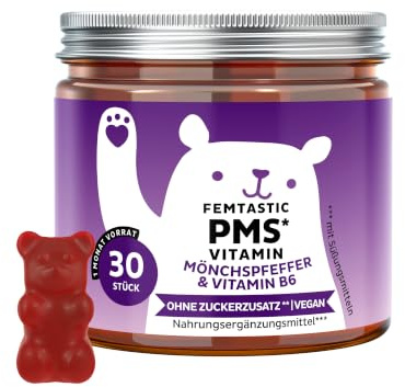 Femtastic PMS Vitamin – Per il tuo Benessere Premestruale con 30 mg di Agnocasto, Vitamina B6 ed estratto di Dong Quai, 30 unità (1 mese) – senza zuccheri aggiunti, vegano – Bears with Benefits