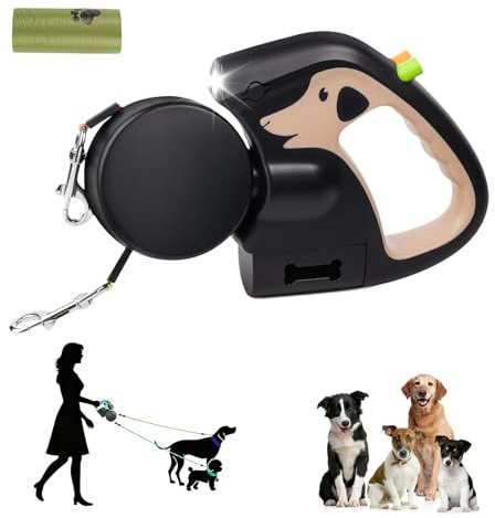 Doppelleine für 2 Hunde, 3 m Ausziehbare Anti-Verwickel-Hundeleine mit 360° Drehung, Rutschfestem Griff, Integrierter Taschenlampe & Kotbeutelhalter, Für Kleine Hunde bis 10 kg
