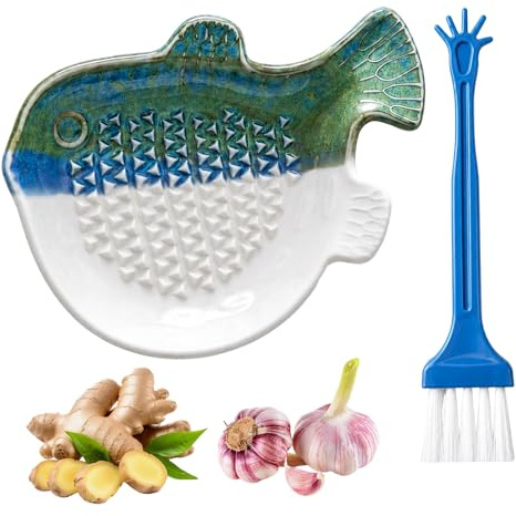 Garlic Grater Plate, Ceramic Grating Plate with Cleaning Brush | Ceramic Fish-Shaped Ginger Grater Plate, Grating Plate for Kitchen Ingredient Preparation, Unique Kiln-Changed Color