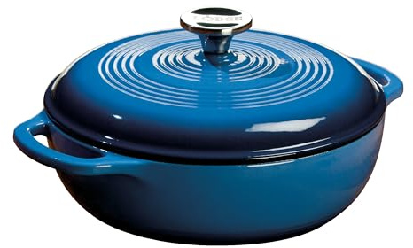 Lodge 3 Quart Enameled Cast Iron Dutch Oven with Lid – Dual Handles – Oven Safe up to 500° F or on Stovetop - Use to Marinate, Cook, Bake, Refrigerate and Serve – Caribbean Blue