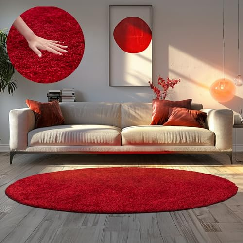 HomebyHome Shaggy Hochflor Teppich, 200 cm Rund, Rot, weich, flauschig, modern, einfarbig, Perfekt als zentrales Wohnaccessoire, für Wohnzimmer Schlafzimmer Flur