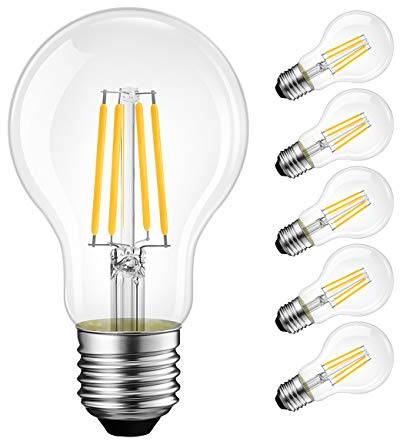 LVWIT A19 Vintage Edison LED Filament Bulb E26 Base, 4W (40W Equivalent), Warm White 2700K, 500 Lumens, Non-Dimmable, 3 Year Warranty, UL-Listed, Pack of 6
