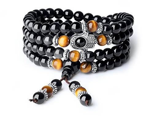 COAI Unisex 108 Obsidian Tigerauge Mala Halskette Gebetsarmband