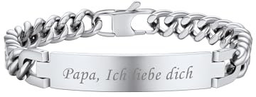PROSTEEL Personalisiert Gravur ID Armband Edelstahl Identarmband 21cm lang Armkette 9mm breit Schildarmband Herren Partnerarmband Panzerkette Freundschaft Schmuck(silber)