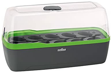 Romberg BoQube L Plus Mini Gewächshaus Anzuchtset & Pflanzkasten mit 10 selbstbewässernden Pflanzzellen und Bewässerungssystem, Zimmergewächshaus für Indoor Kräutergarten, 41×17×23 cm, Anthrazit-Grün